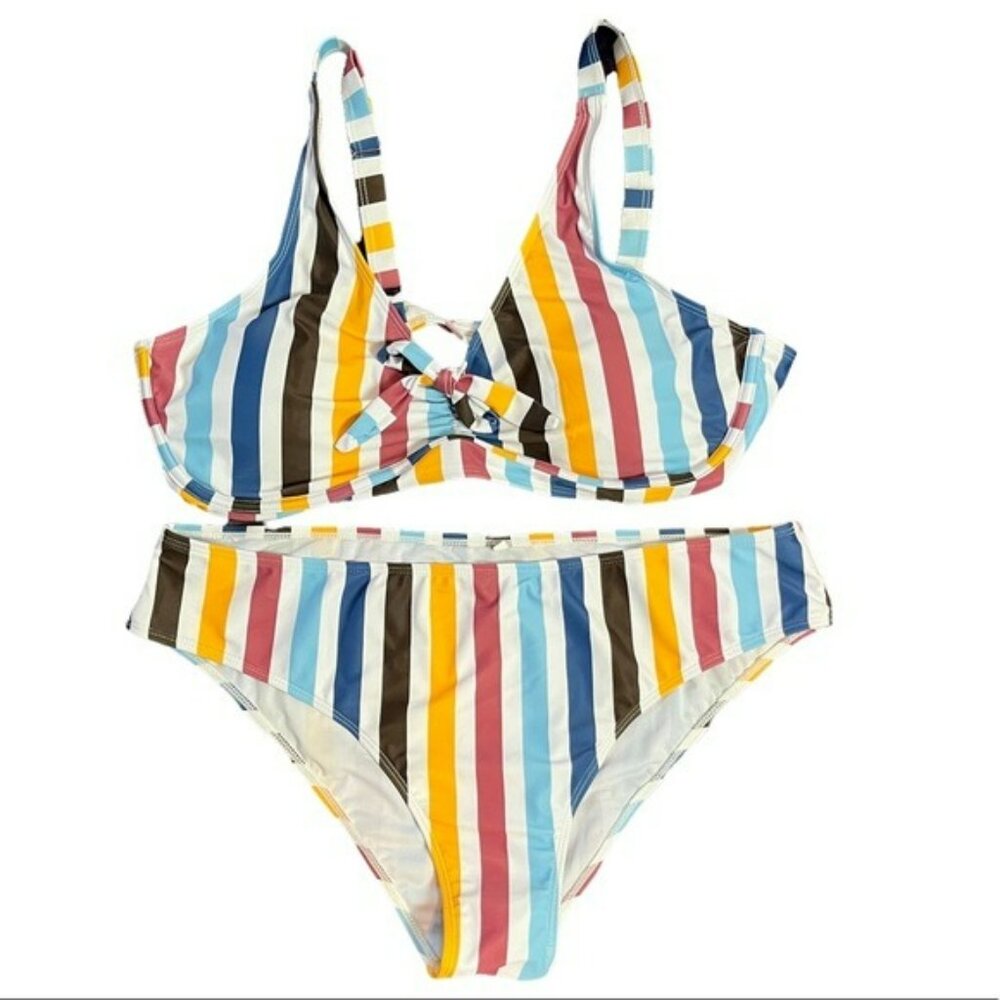 Two Piece Bikini Swimsuit Bathing Suit Women's Size XXL Blue Yellow Pink Striped